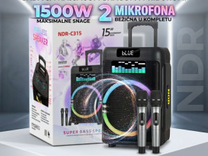 Zvucnik karaoke 1500W 15" 2 mikrofona