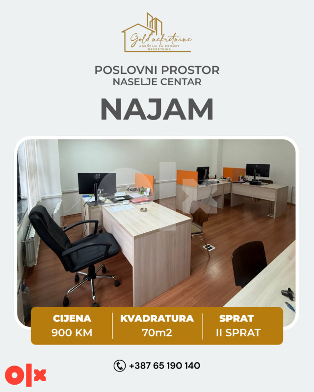 Iznajmljujemo poslovni prostor 70m2, Centar