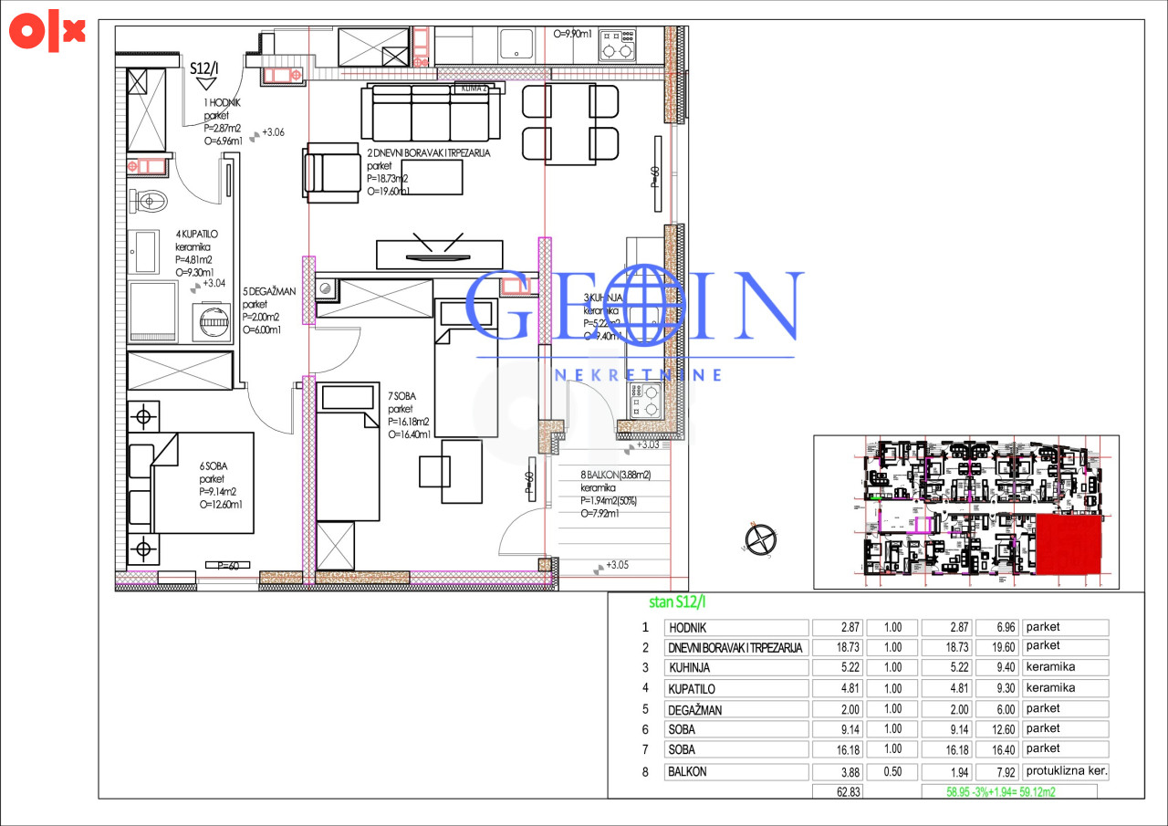 PRODAJA  3.0stan, 59.12m2 kod Gimnazije 2