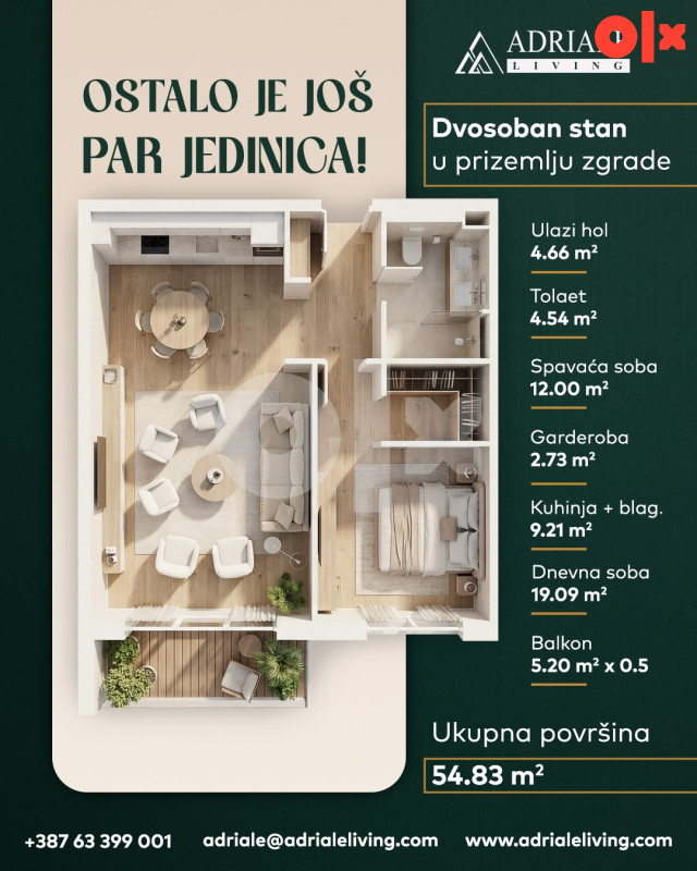 Stan Kreševo, 54.83m2, dvosoban, novogradnja, prizemlje 2