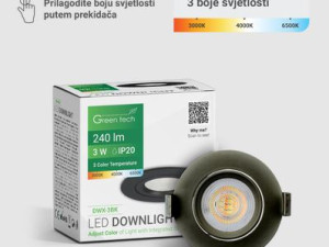 LED downlight Green Tech 240 lm, 3W, 3CCT, 3000K-4000-6500K, crni