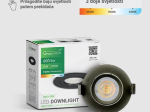 LED downlight Green Tech 800 lm, 9W, 3CCT, 3000K-4000-6500K, crni