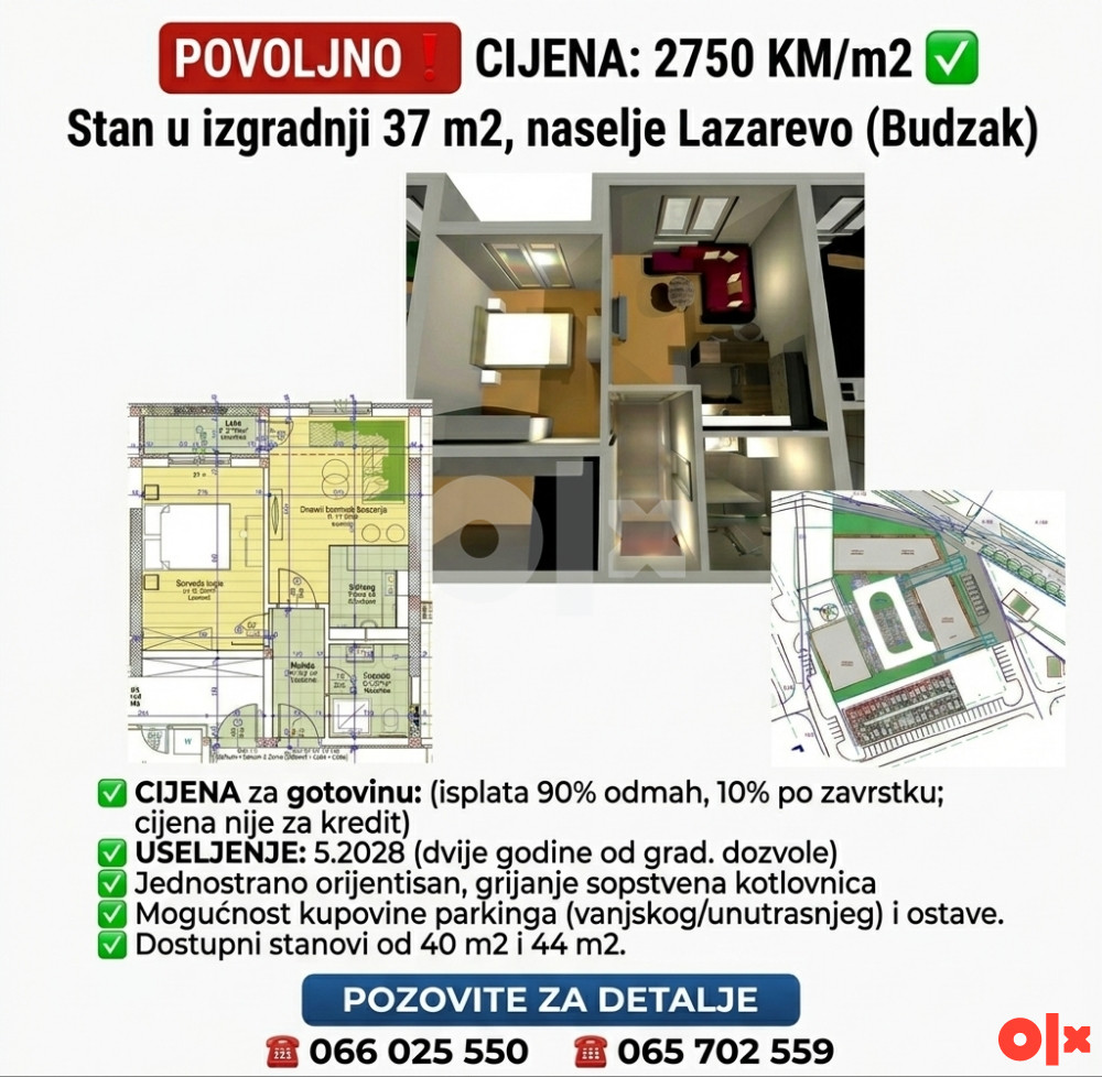 Jednosoban stan 37 m2 u izgradnji Lazarevo