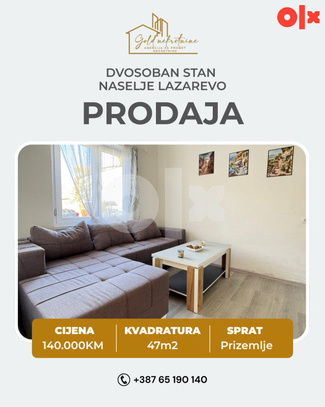 Na prodaju dvosoban stan 47m2, naselje Lazarevo