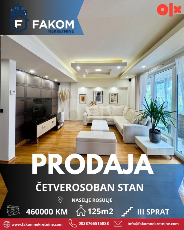 Na prodaju četverosoban stan 125m2, u naselju Rosulje