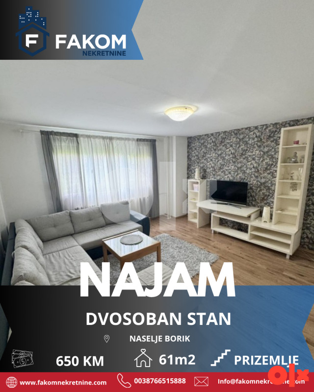 Iznajmljuje se namješten dvosoban stan u naselju Borik