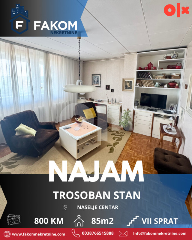 Iznajmljuje se namješten trosoban stan u centru grada
