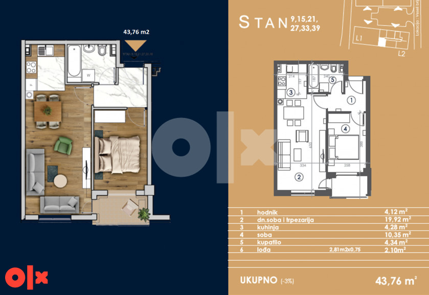 Dvosoban stan 43,76 m2 - Starčevica