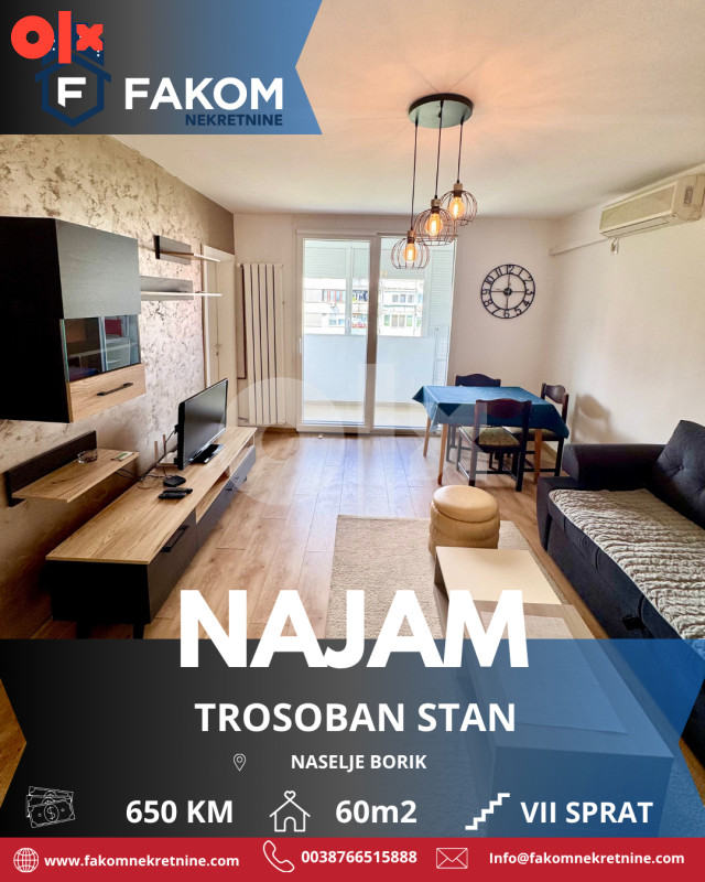 Iznajmljuje se namješten trosoban stan u naselju Borik