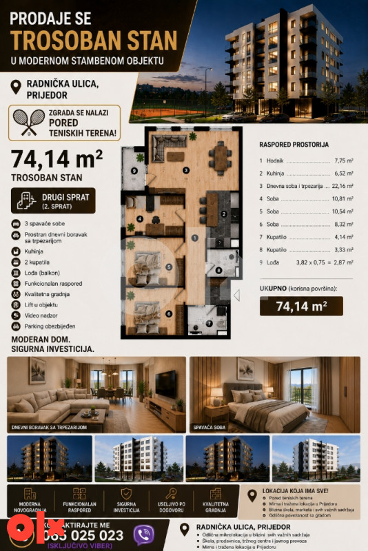 PREMIUM TROSOBAN STAN 74m2 , Radnička