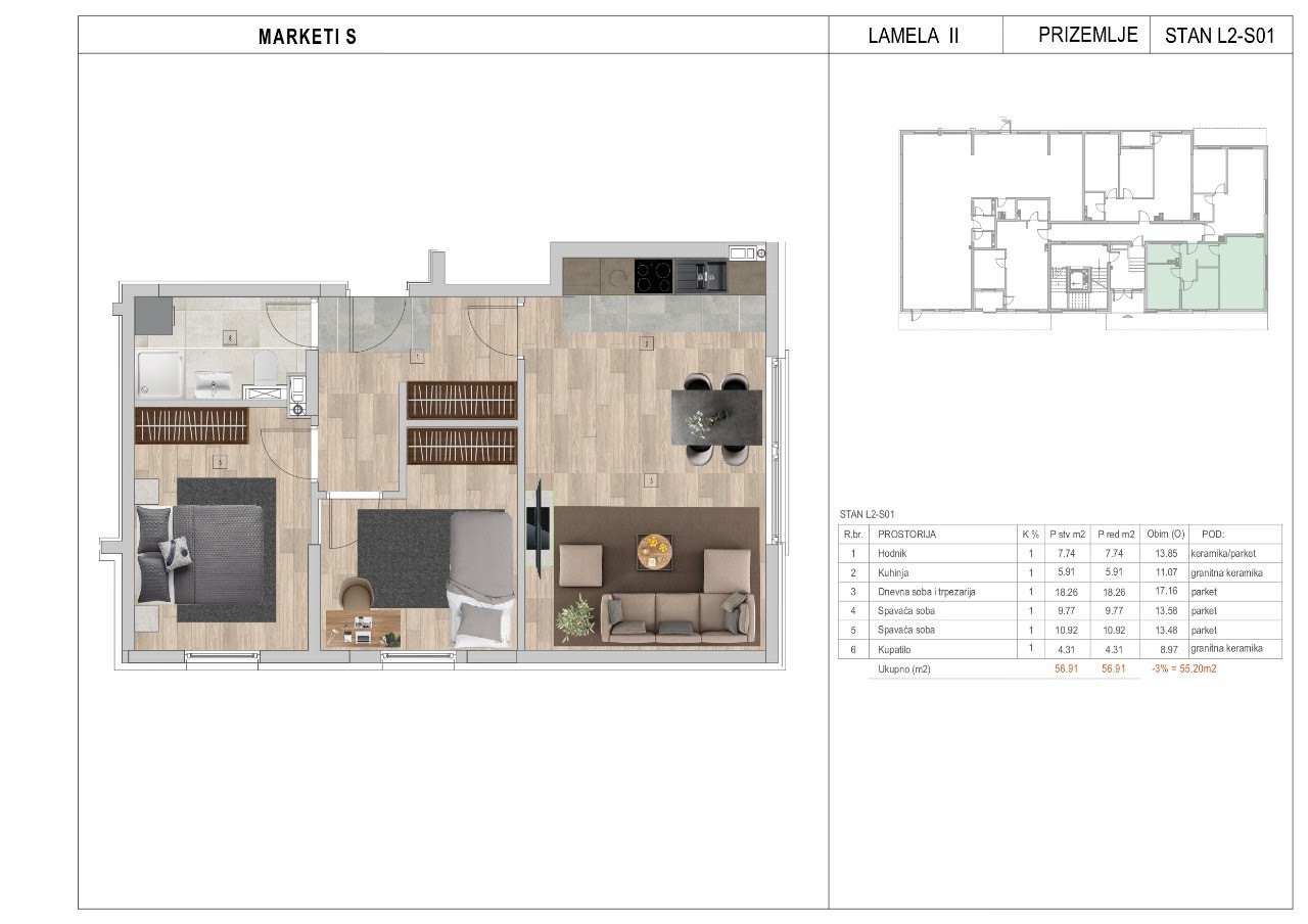 Na prodaju, Trosoban stan u izgradnji, Trn, 56,91 m2 2
