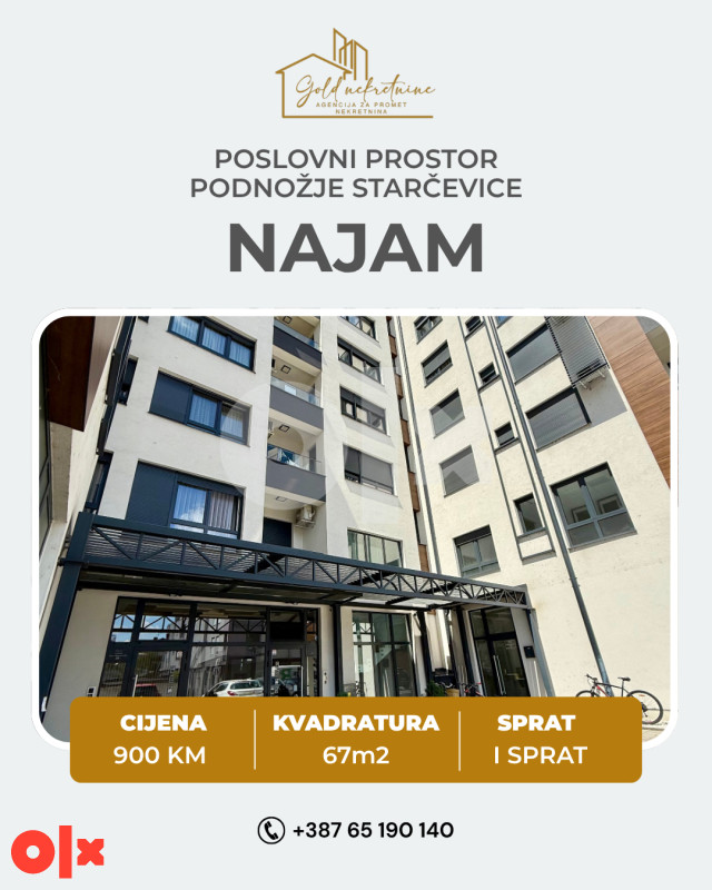 Iznajmljujemo poslovni prostor 67m2, podnožje Starčevice