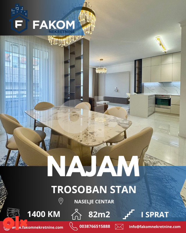Iznajmljuje se LUX trosoban stan u centru grada