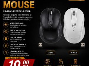 Tronic Wireless Mouse Bežični Miš USB 2.4GHz CRNI/BIJELI NOVO