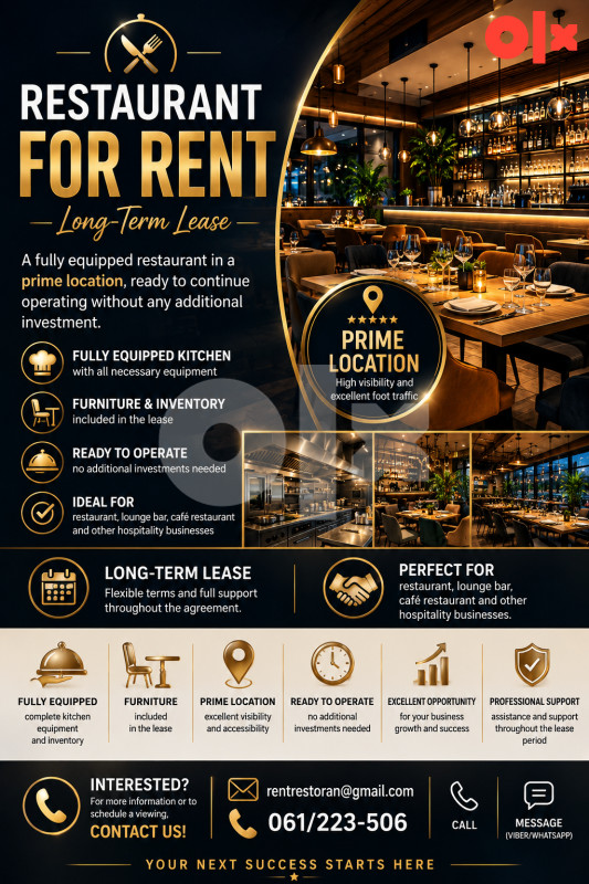 Restaurant Space for Rent/Moderno uređen restoran za izdavanje 2