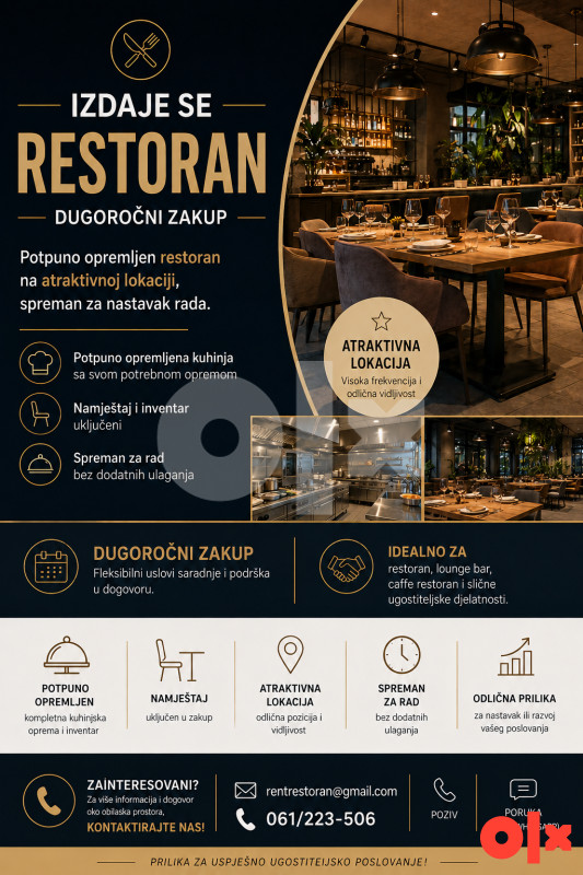 Restaurant Space for Rent/Moderno uređen restoran za izdavanje