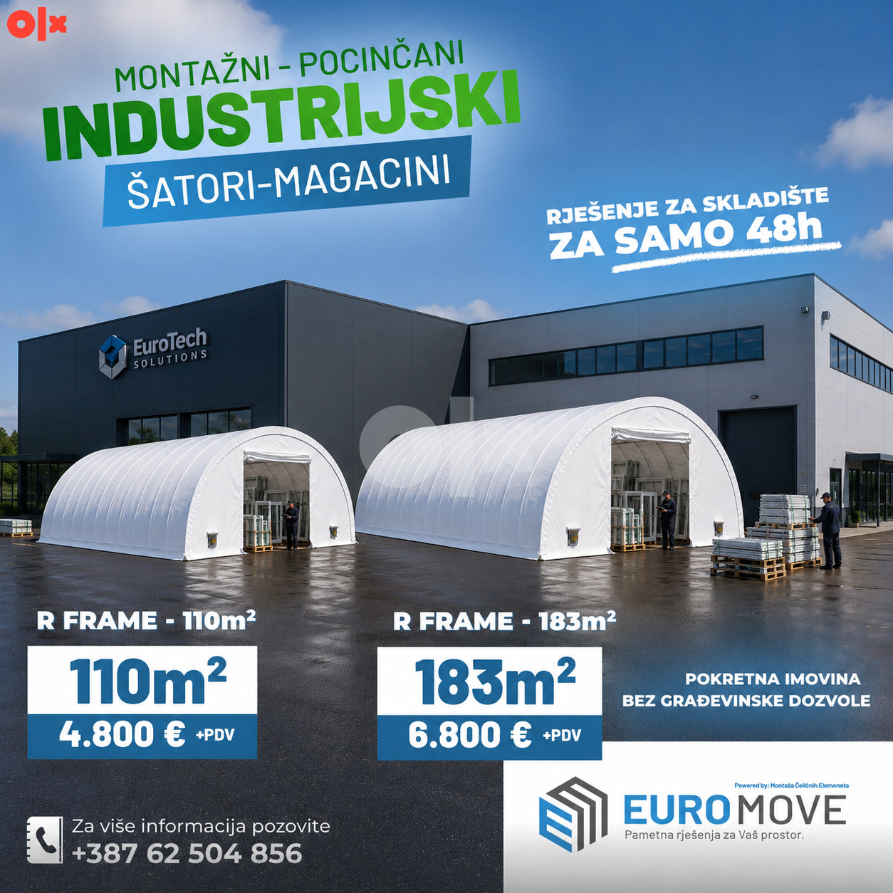 Montažni pocinčani industrijski šatori R Frame 110m2 i 183 m2
