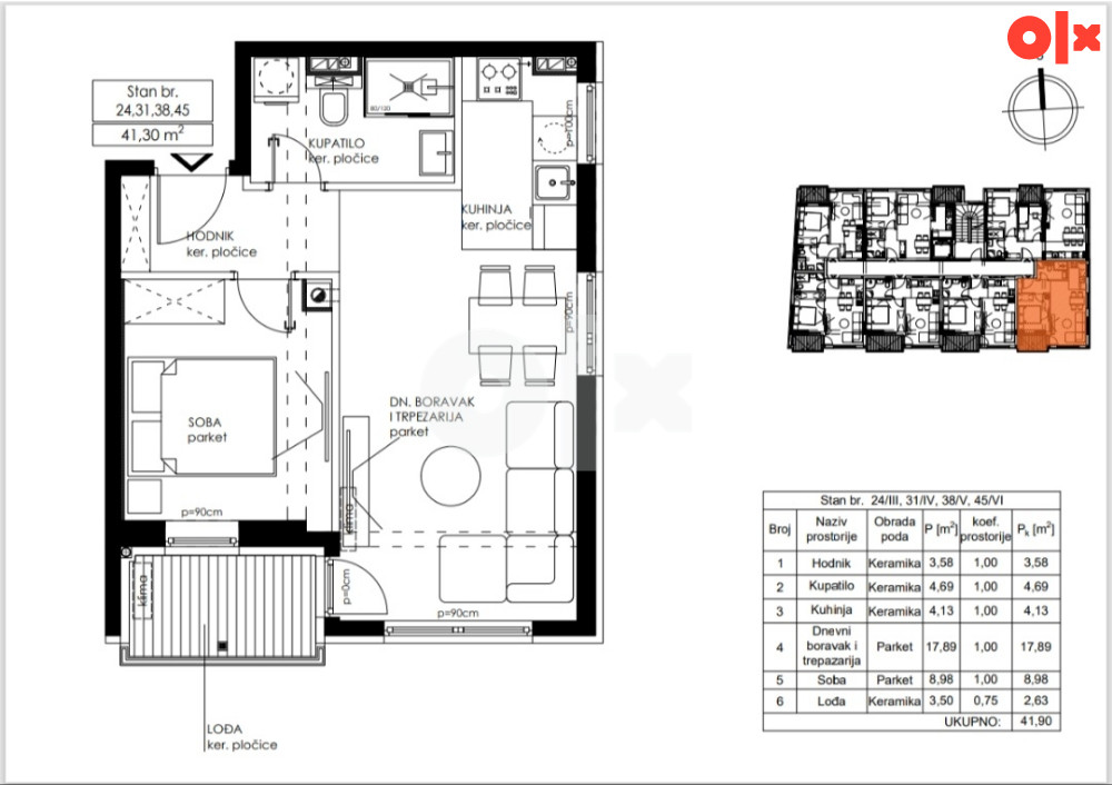 JEDNOSOBAN STAN, 41,90m2, BORIK-REBROVAC