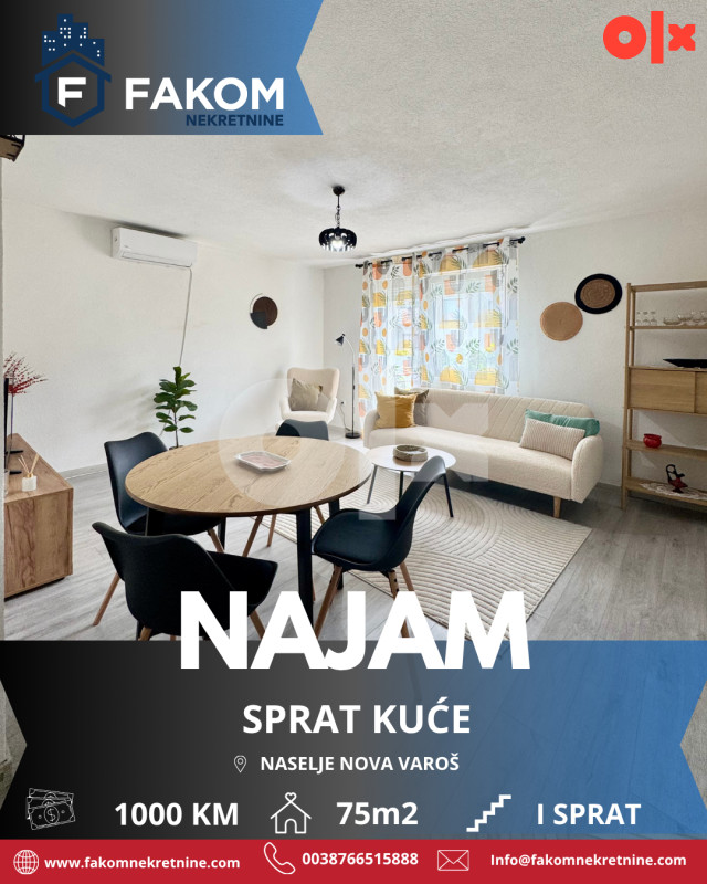 Iznajmljujemo renoviran sprat kuće u naselju Nova Varoš