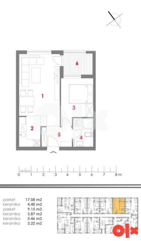 JEDNOSOBAN STAN, 41,88m2, MJESEC, 065 960 964 2