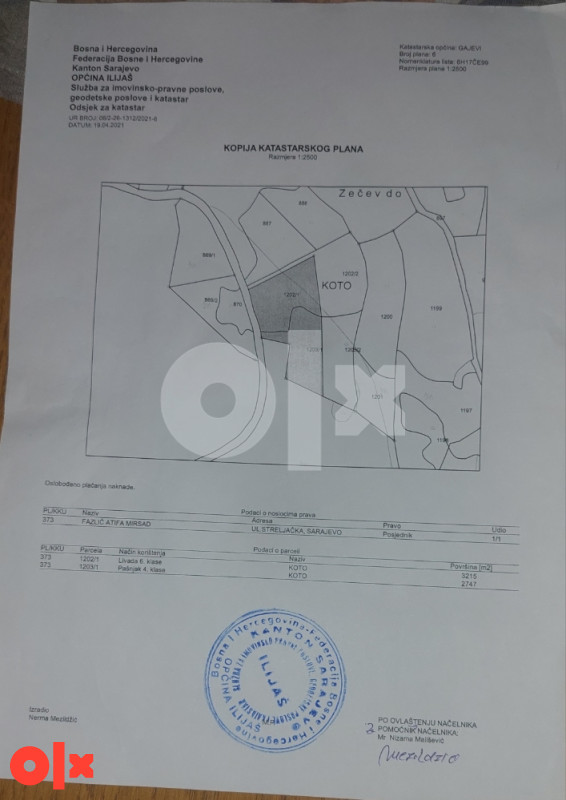 Prodaje se zemljiste u opcini Ilijas izmedju Gajeva i sela Vrutci 3