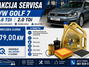 VW GOLF 7 MALI SERVIS AKCIJA CASTROL 5W30 + 4 FILTERA SA ZAMJENOM