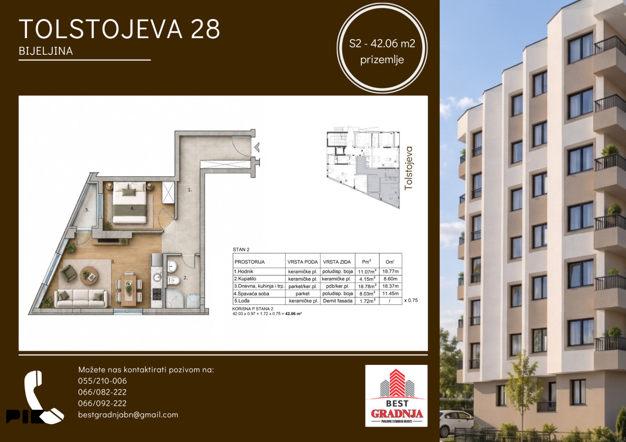 1-bed apartment, 42 m²
