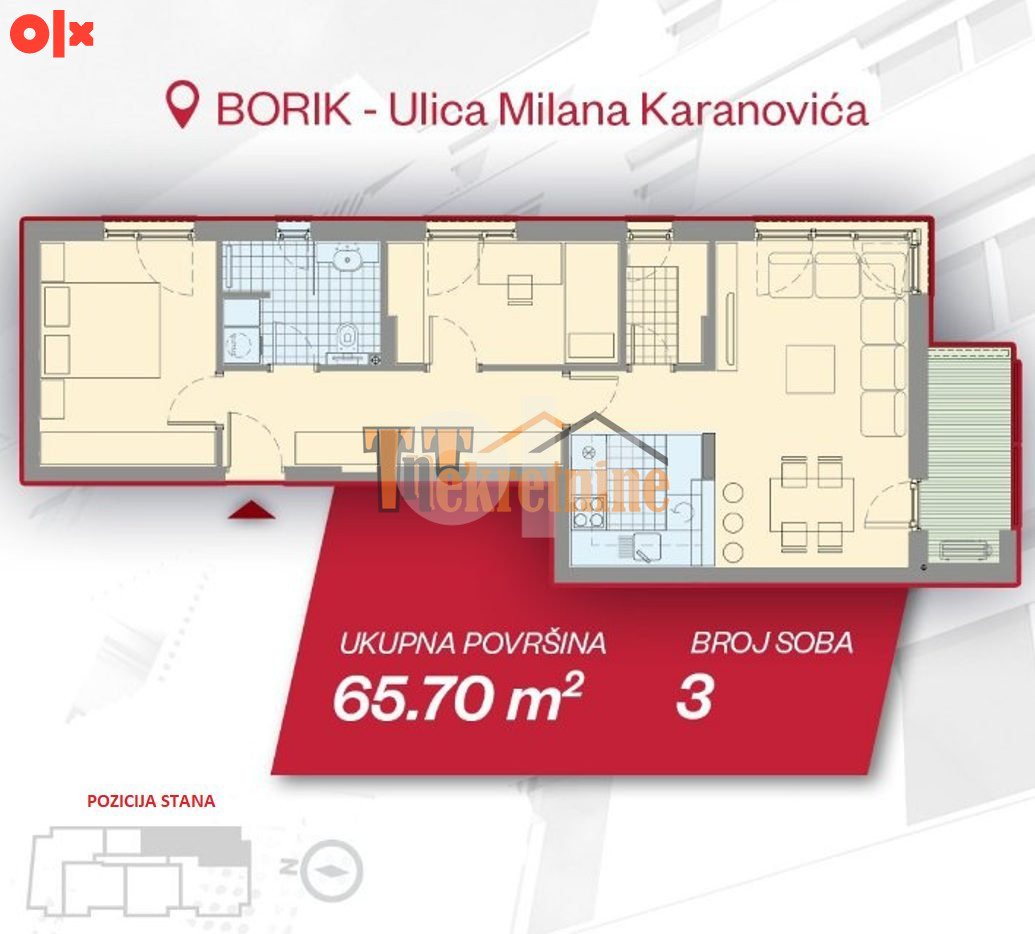 Trosoban stan 65,70 m2 - Borik