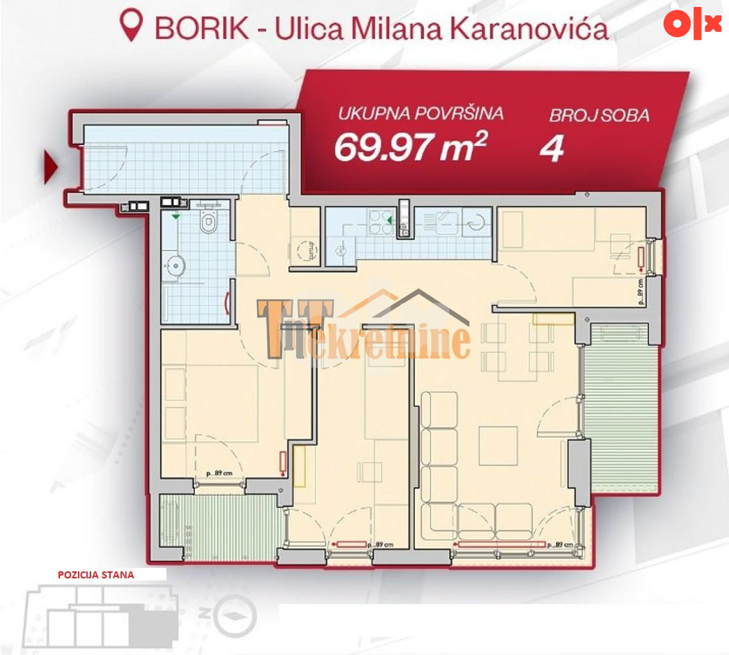 Trosoban stan 69,97 m2 - Borik