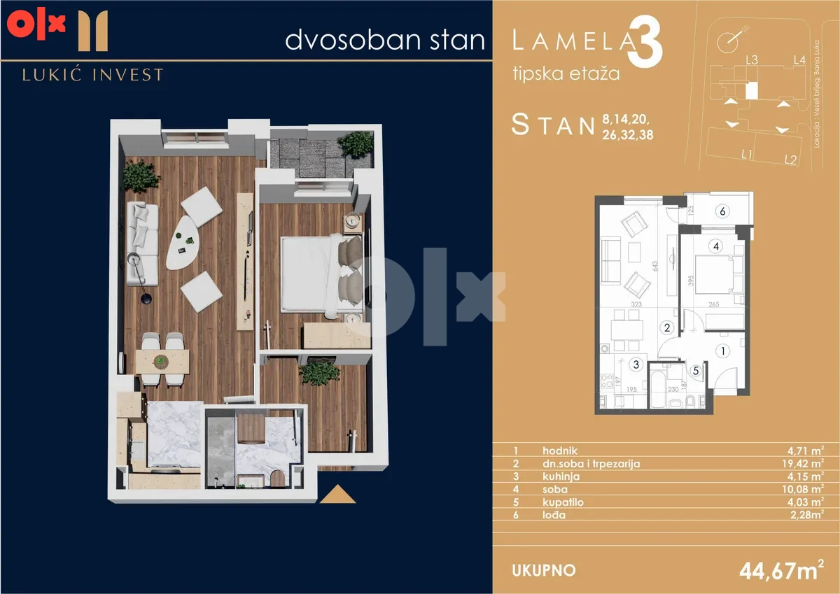 Stan Banja Luka opremljen 44,67m2 dvosoban 16