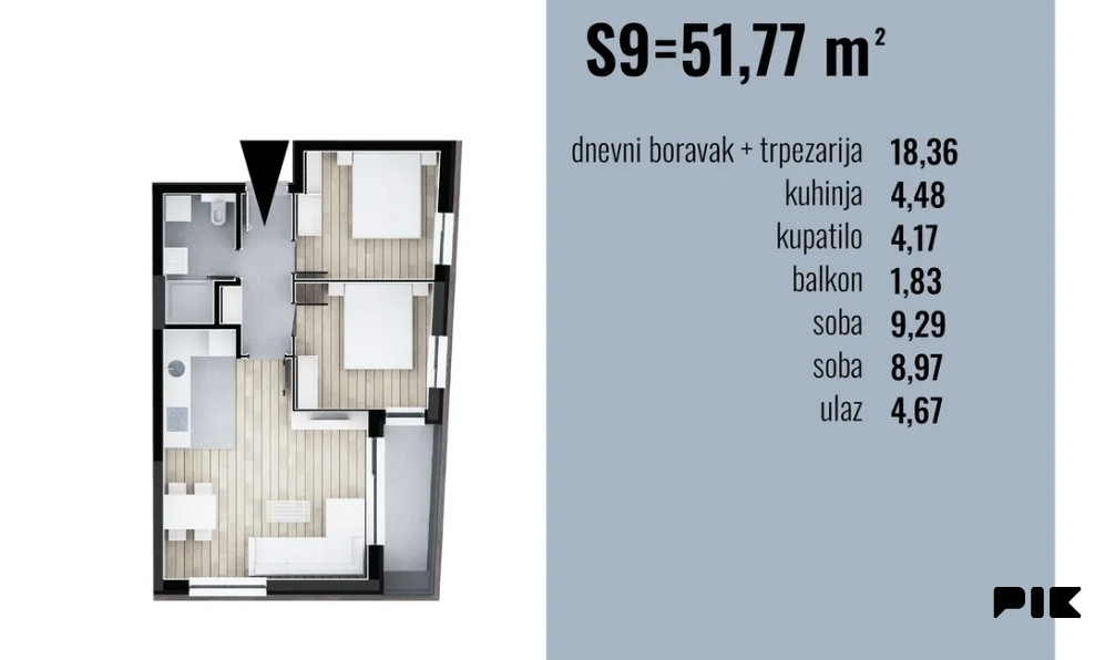 Dvosoban stan u izgradnji 51.77 m2, Trebinje