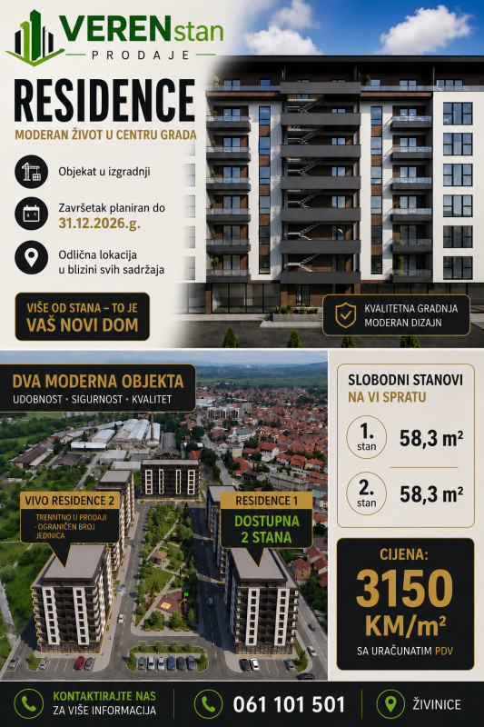 NOVO , Prodaja  2 x STAN ZIVINICE RESIDENCE 1 , 2 x   58.3 m2