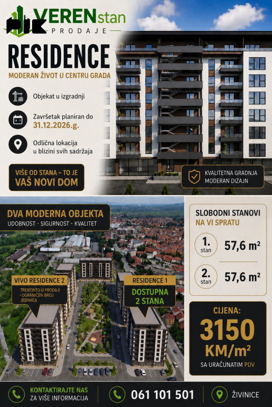 NOVO , Prodaja  2 x STAN  57,60 m2 ZIVINICE RESIDENCE 1 ,