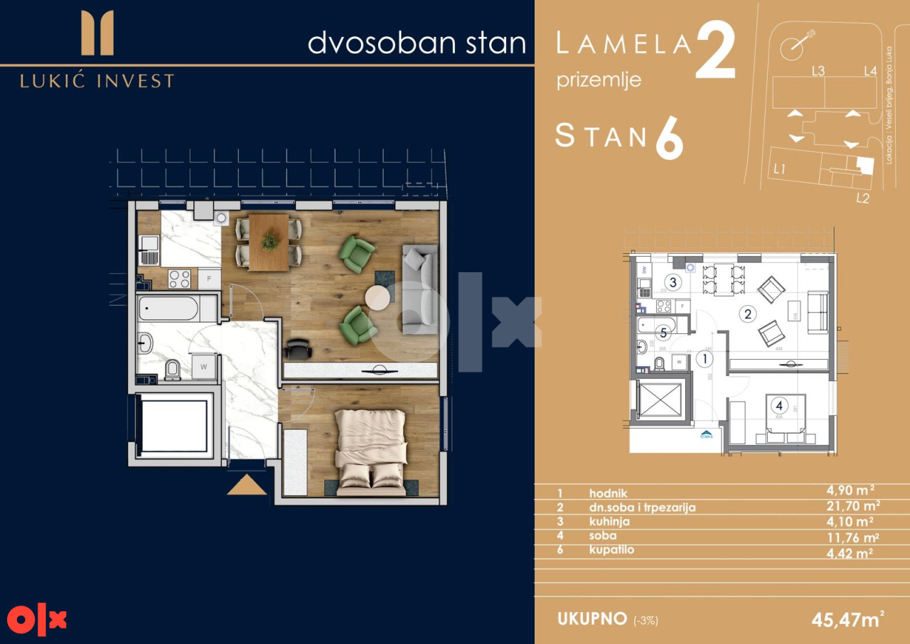Stan novogradnja 45.47m2 Banja Luka
