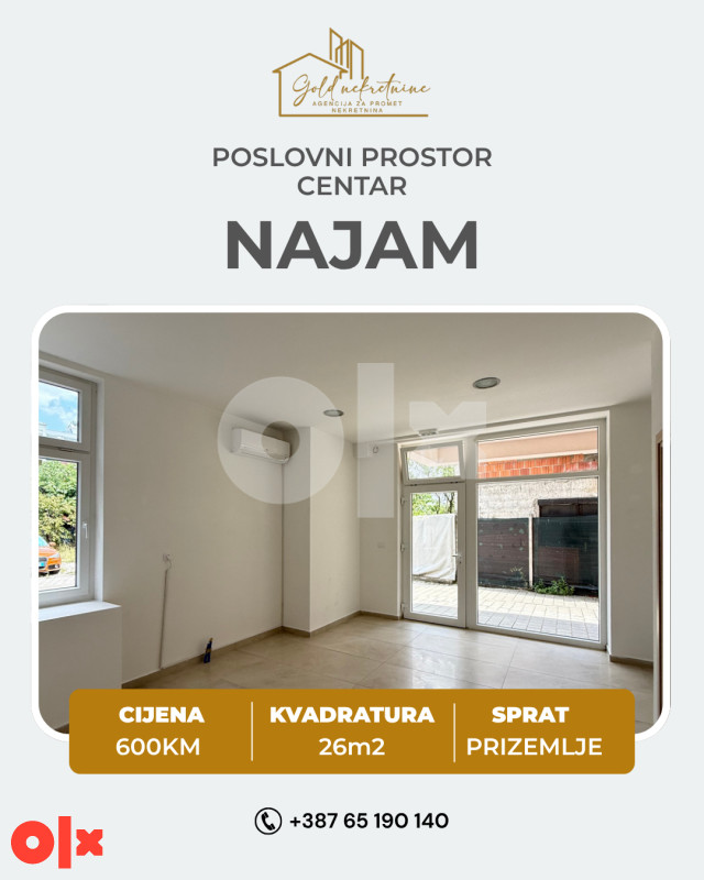Iznajmljujemo nov  poslovni prostor u prizemlju  26m2, Centar