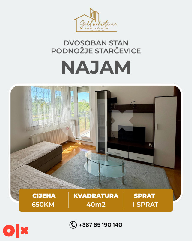 Iznajmljujemo dvosoban stan, podnožje Starčevice