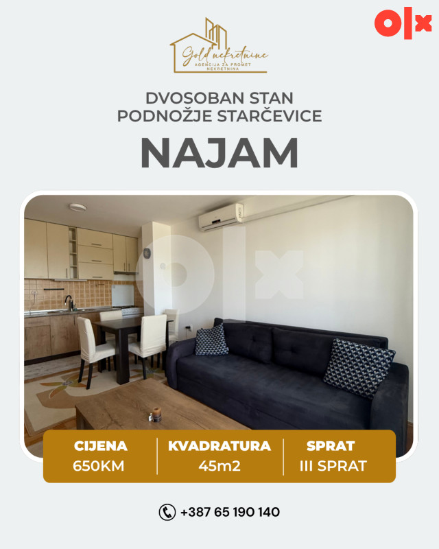 Iznajmljujemo dvosoban stan, podnožje Starčevice