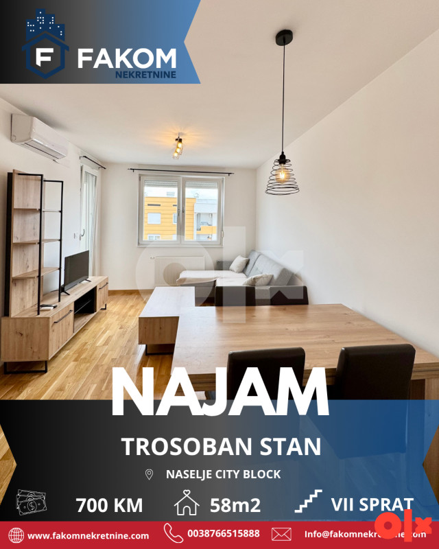 Iznajmljuje se namješten trosoban stan u naselju City Block