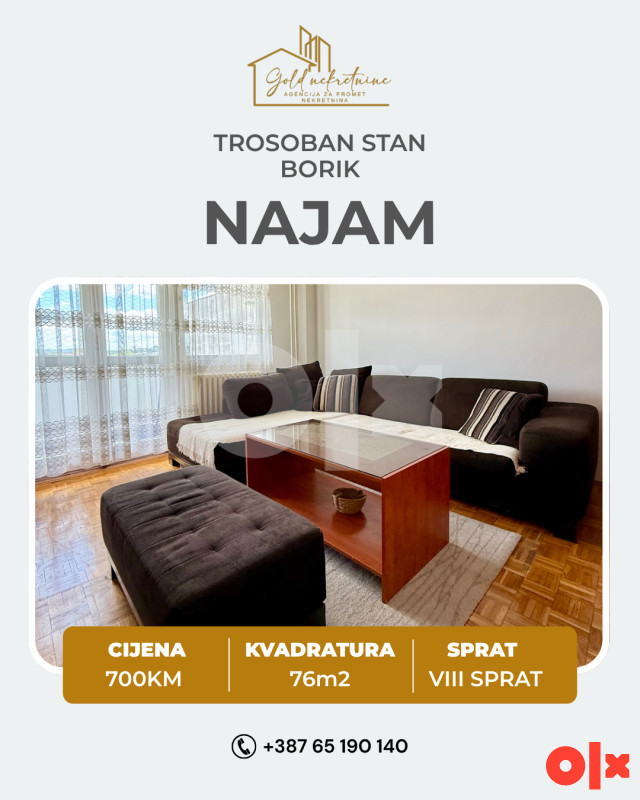 Iznajmljujemo trosoban stan, naselje Borik