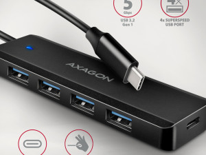 USB HUB 4 x USB 3.2 Gen1, USB-AM, 19cm, USB-C power IN, AXAGON