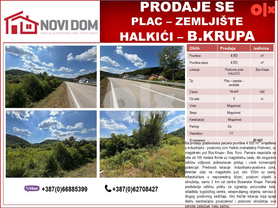 PRODAJE SE - Zemljište - Poslovna zona HALKIĆI - B.KRUPA