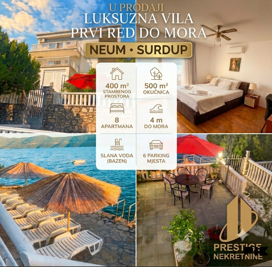 LUKSUZNA VILA 400 m2 - 8 APARTMANA - VLASTITA PLAŽA - NEUM SURDUP