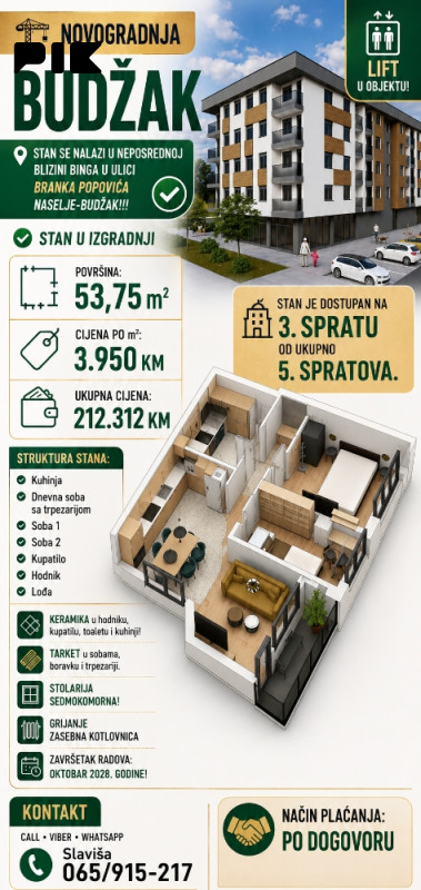 STAN OD 53,75 M2 IZ KOMPENZACIJE SA DVE SPAVACE SOBE