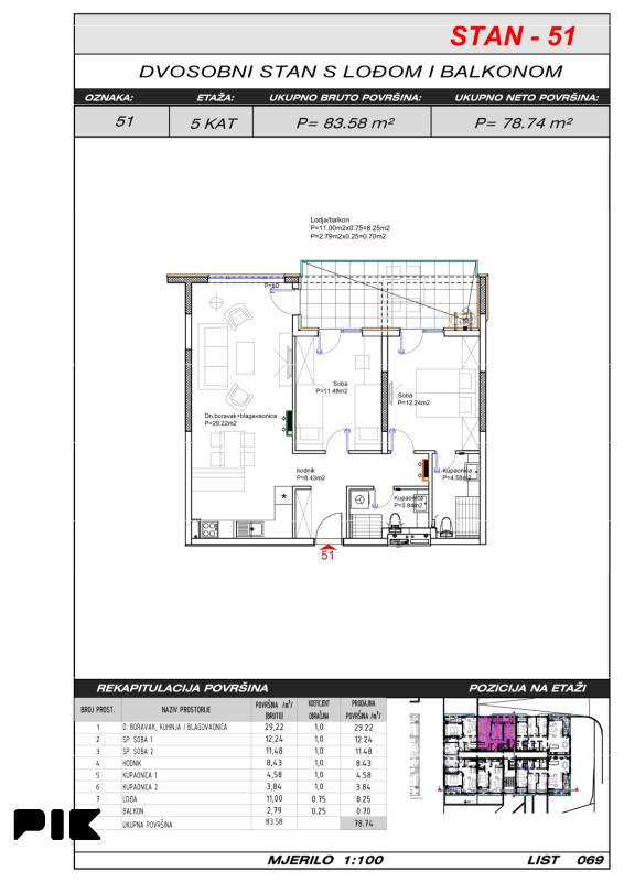 Široki Brijeg trosoban stan 79 m2 Hills Residence 3 11