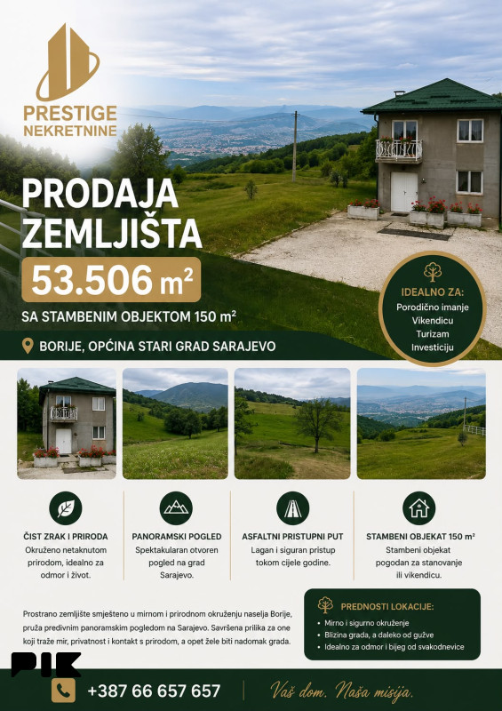 ZEMLJIŠTE 53.506 m2 sa objektom 150 m2 - BORIJE - STARI GRAD