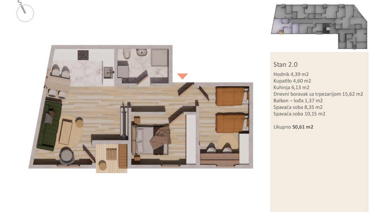PRODAJA , TROSOBAN STAN  50,61m2-Budžak-Lazarevo 3