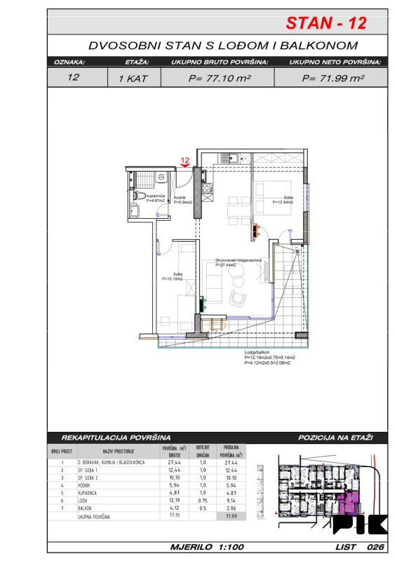 Trosoban stan 72 m2 - Široki Brijeg Hills Residence 3 11