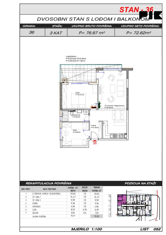 Trosoban stan 73 m2 - Široki Brijeg Hills Residence 3 9