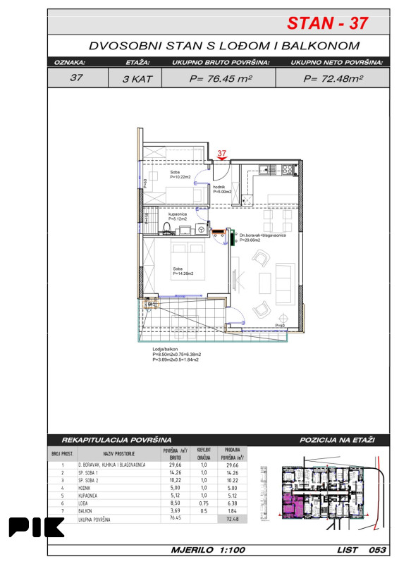 Trosoban stan 72 m2 -Široki Brijeg Hills Residence 3 9