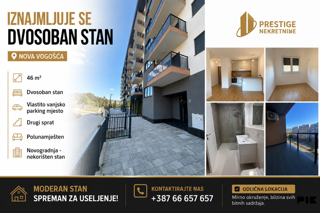 IZNAJMLJUJE SE - DVOSOBAN STAN 46m2 - NOVA VOGOŠĆA - NOVOGRADNJA